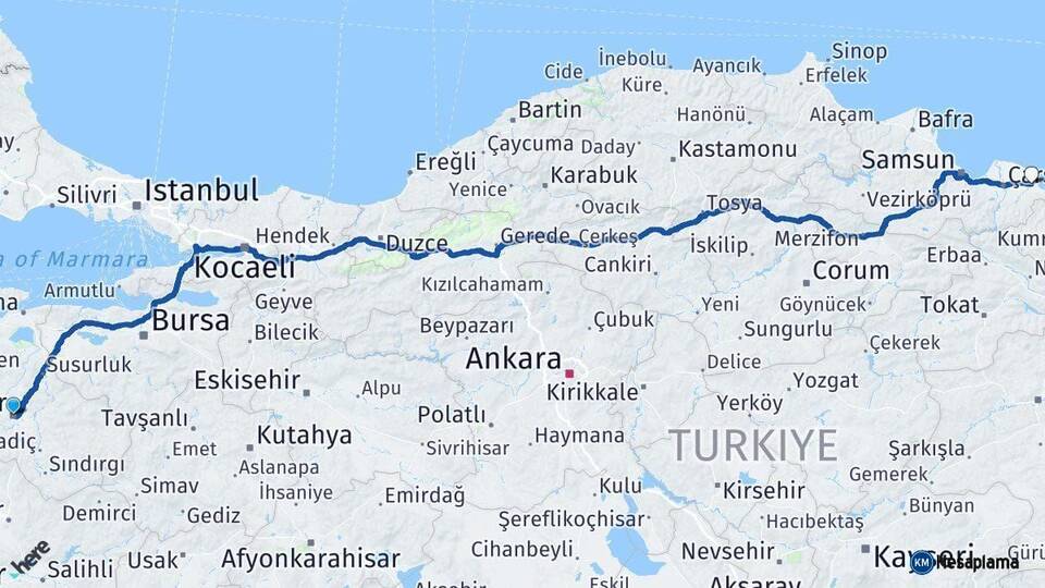 Balıkesir Terme Samsun Arası Kaç Km - Yol Haritası
