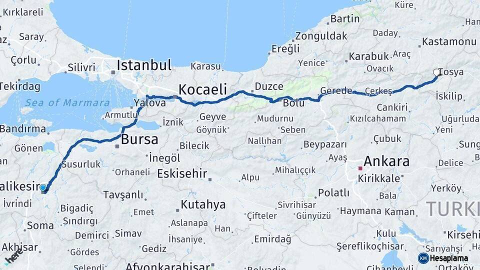 Balıkesir Tosya Kastamonu Arası Kaç Km - Yol Haritası