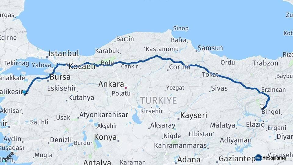 Balıkesir Tunceli Arası Kaç Km - Yol Haritası