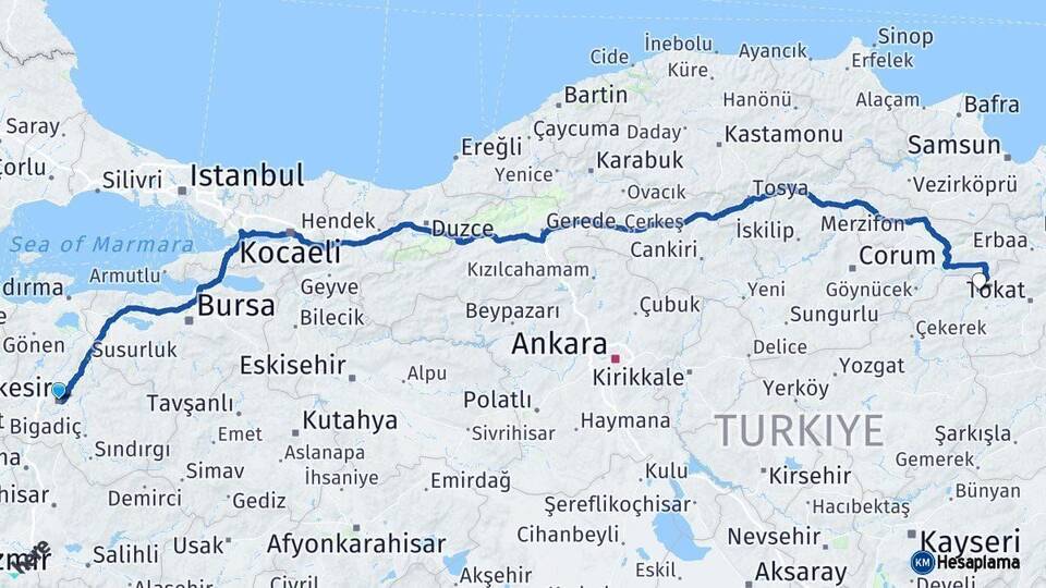 Balıkesir Turhal Tokat Arası Kaç Km - Yol Haritası