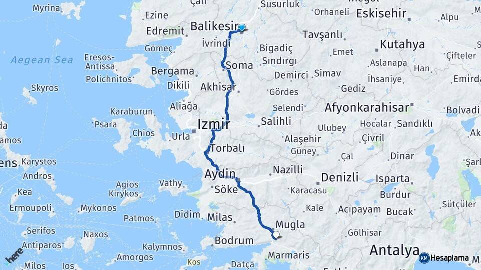 Balıkesir Ula Muğla Arası Kaç Km - Yol Haritası