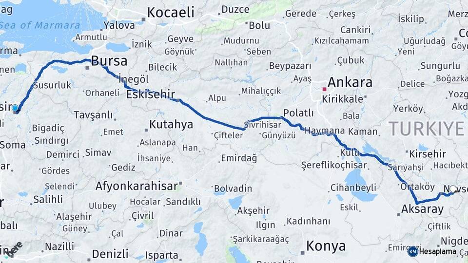 Balıkesir Ürgüp Nevşehir Arası Kaç Km - Yol Haritası