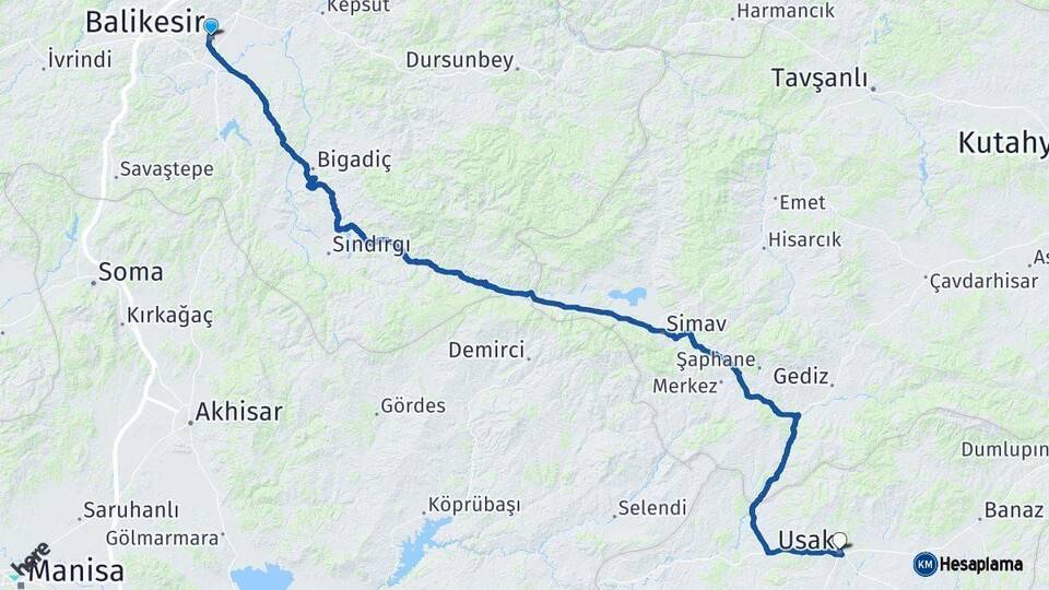 Balıkesir Uşak Arası Kaç Km - Yol Haritası