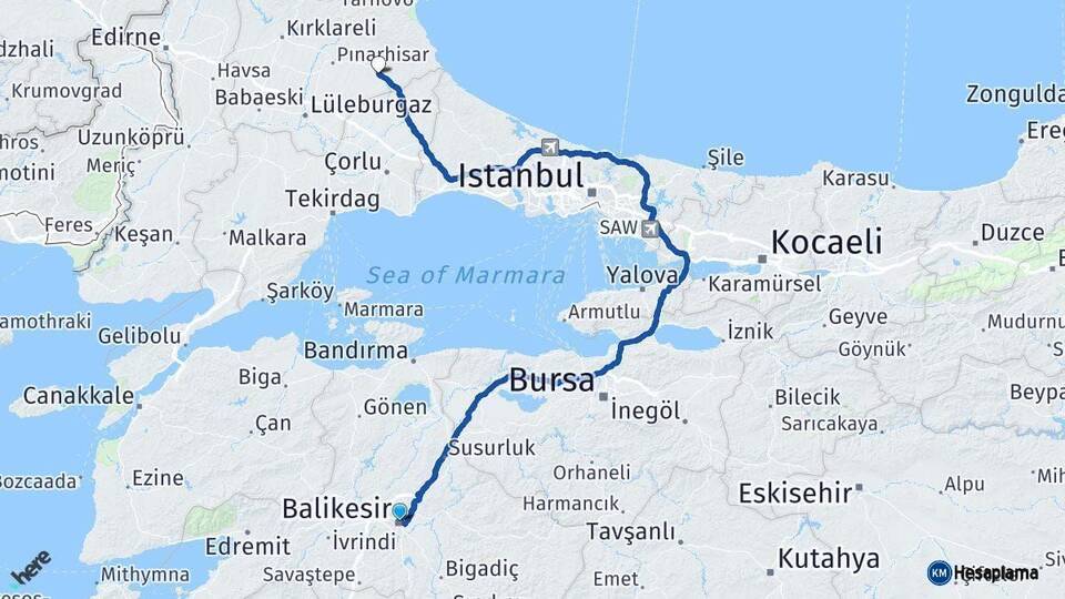 Balıkesir Vize Kırklareli Arası Kaç Km - Yol Haritası