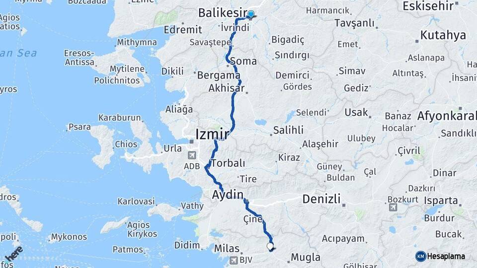 Balıkesir Yatağan Muğla Arası Kaç Km - Yol Haritası