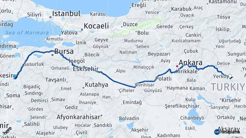 Balıkesir Yerköy Yozgat Arası Kaç Km - Yol Haritası