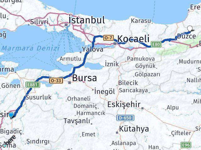 Balıkesir Yığılca Düzce Arası Kaç Km - Yol Haritası