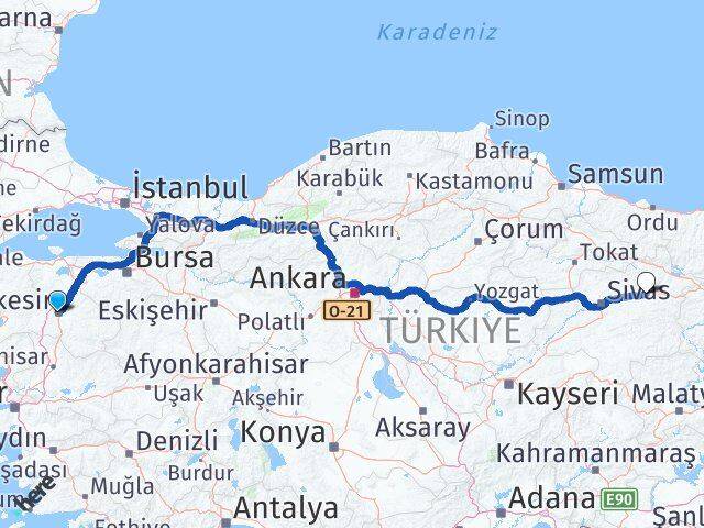 Balıkesir Zara Sivas Arası Kaç Km - Yol Haritası