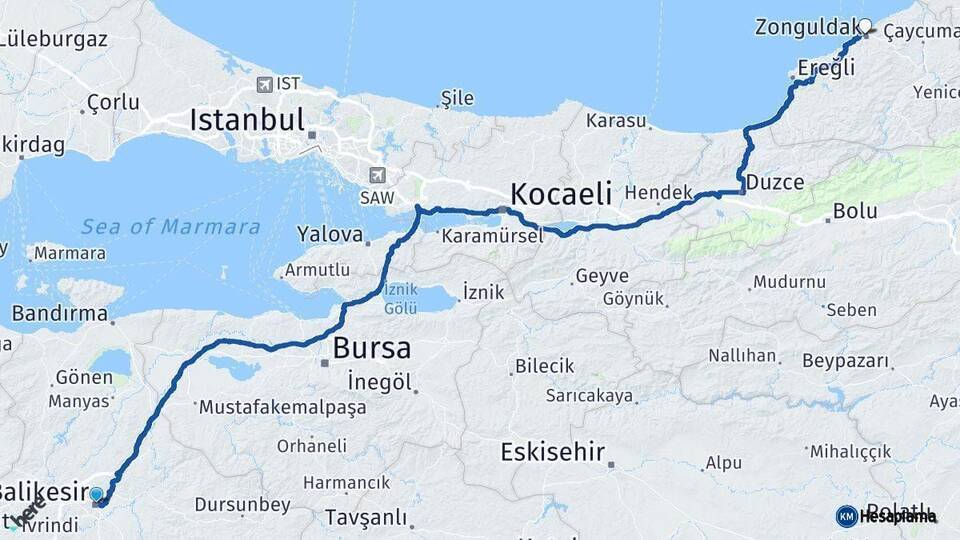 Balıkesir Zonguldak Arası Kaç Km - Yol Haritası