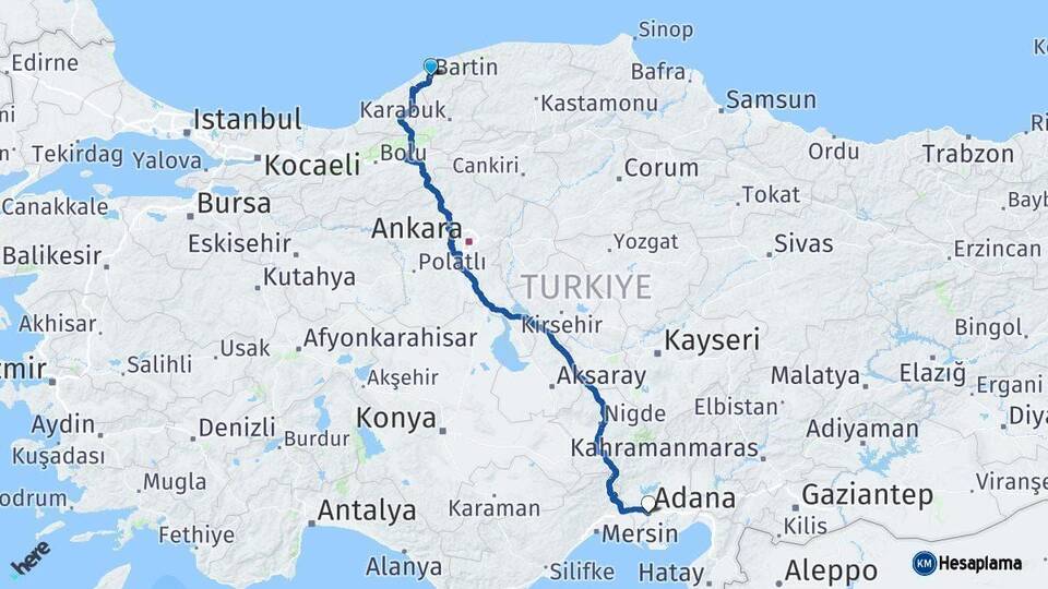 Bartın Adana Arası Kaç Km - Yol Haritası