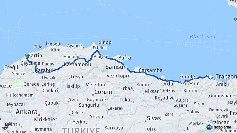 Bartın Akçaabat Trabzon Arası Kaç Km - Yol Haritası