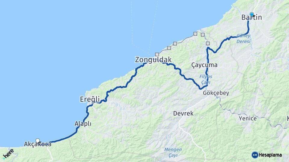 Bartın Akçakoca Düzce Arası Kaç Km - Yol Haritası