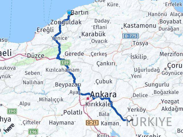 Bartın Akpınar Kırşehir Arası Kaç Km - Yol Haritası