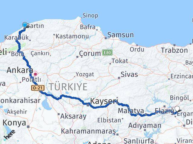 Bartın Alacakaya Elazığ Arası Kaç Km - Yol Haritası