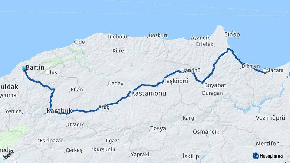 Bartın Alaçam Samsun Arası Kaç Km - Yol Haritası