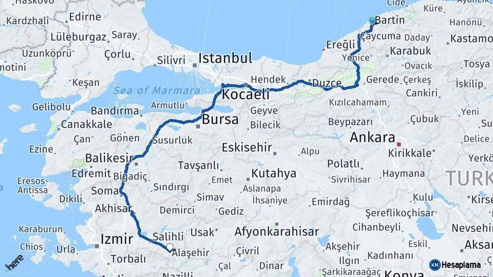 Bartın Alaşehir Manisa Arası Kaç Km - Yol Haritası