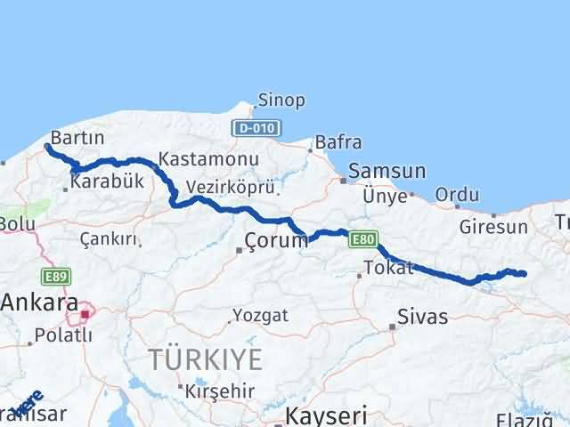 Bartın Alucra Giresun Arası Kaç Km - Yol Haritası