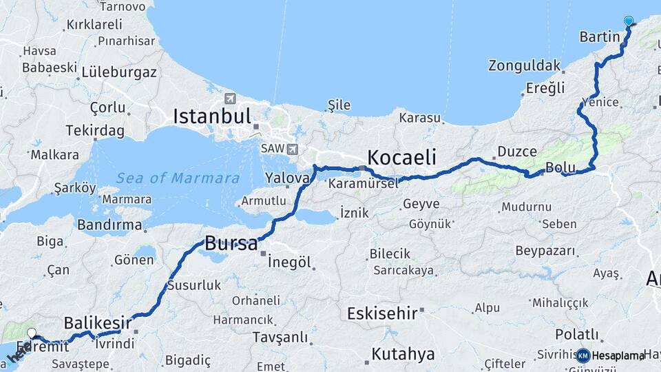 Bartın Amasra Akçay Edremit Balıkesir Arası Kaç Km - Yol Haritası