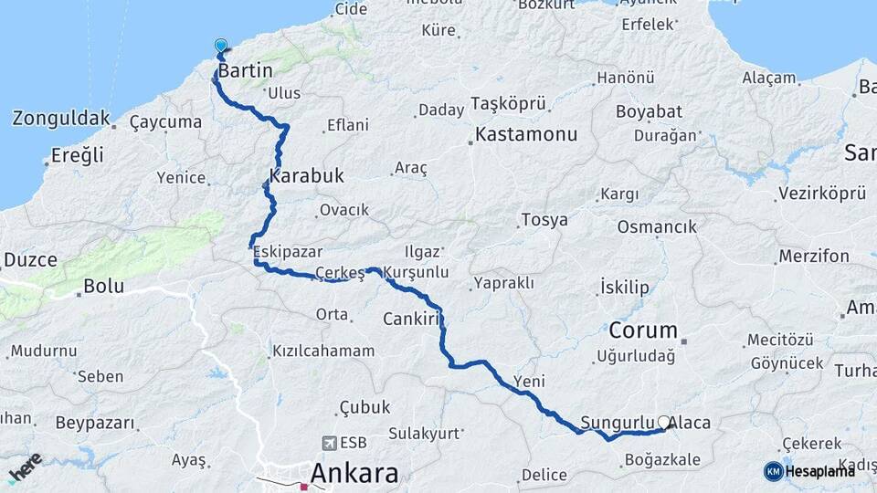 Bartın Amasra Alaca Çorum Arası Kaç Km - Yol Haritası