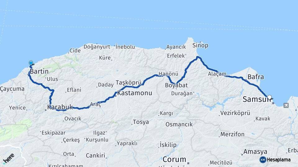 Bartın Amasra Atakum Samsun Arası Kaç Km - Yol Haritası