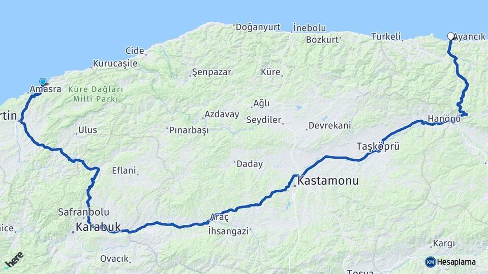 Bartın Amasra Çakrazboz Ayancık Sinop Arası Kaç Km - Yol Haritası