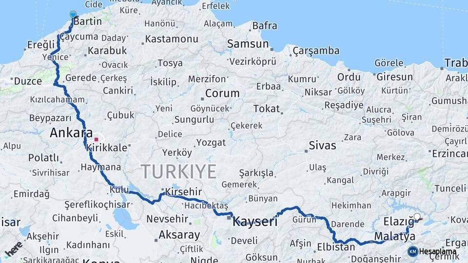 Bartın Amasra Elazığ Arası Kaç Km - Yol Haritası