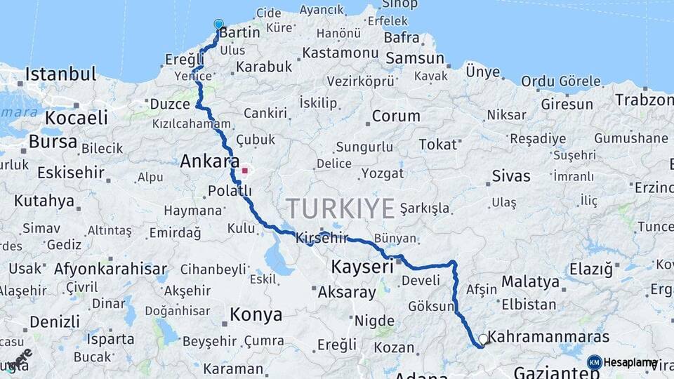 Bartın Amasra Kahramanmaraş Arası Kaç Km - Yol Haritası