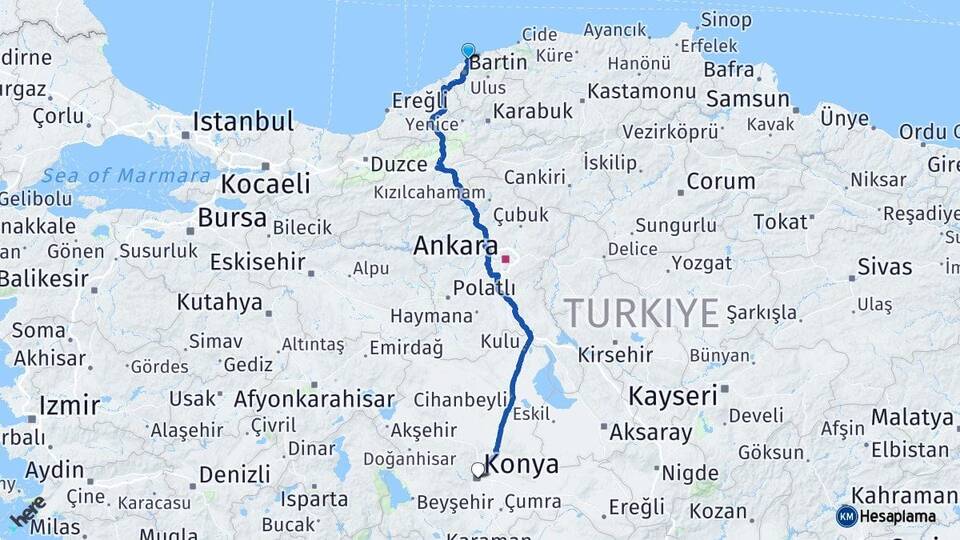 Bartın Amasra Konya Arası Kaç Km - Yol Haritası