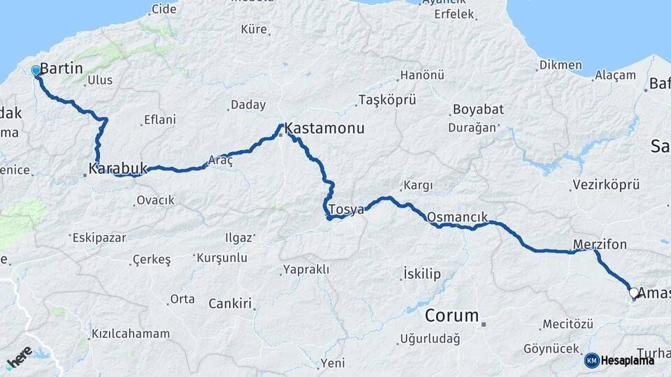 Bartın Amasya Arası Kaç Km - Yol Haritası