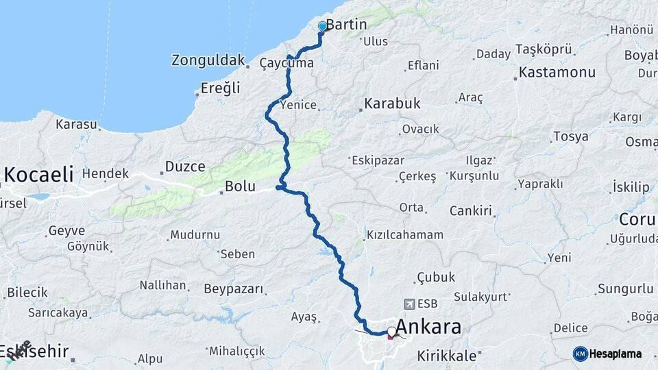 Bartın Ankara Arası Kaç Km - Yol Haritası