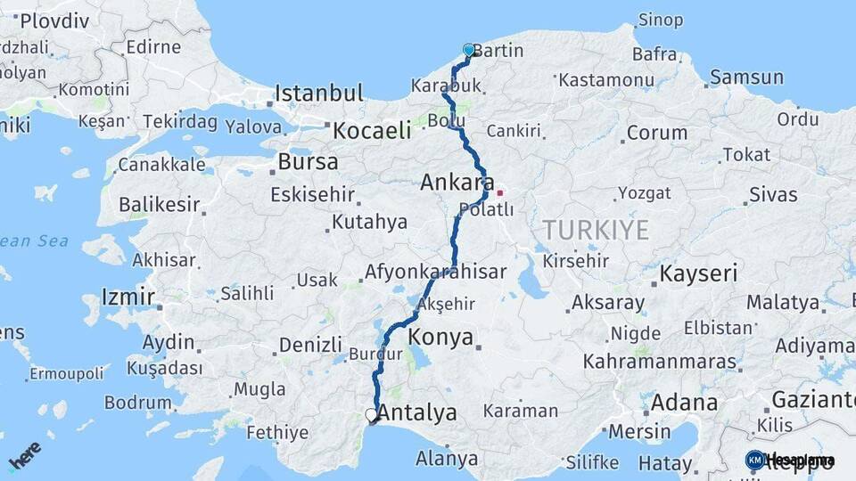 Bartın Antalya Arası Kaç Km - Yol Haritası