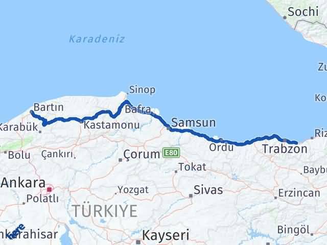 Bartın Araklı Trabzon Arası Kaç Km - Yol Haritası