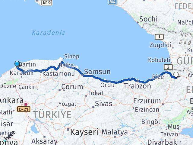 Bartın Ardanuç Artvin Arası Kaç Km - Yol Haritası
