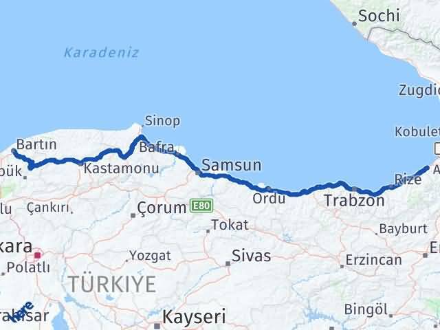 Bartın Arhavi Artvin Arası Kaç Km - Yol Haritası