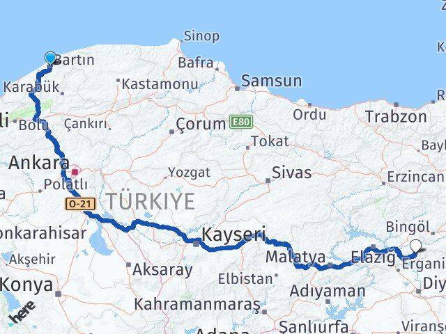 Bartın Arıcak Elazığ Arası Kaç Km - Yol Haritası