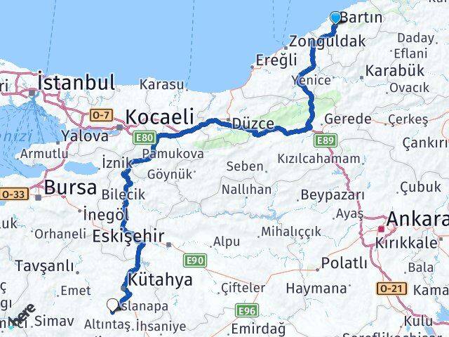 Bartın Aslanapa Kütahya Arası Kaç Km - Yol Haritası