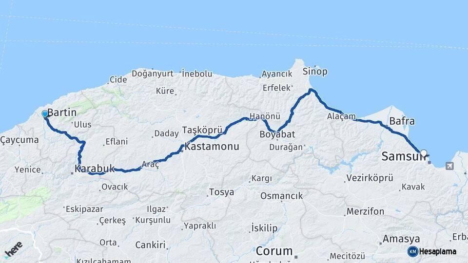Bartın Atakum Samsun Arası Kaç Km - Yol Haritası