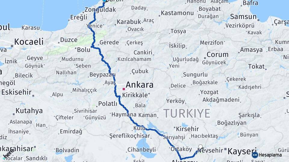 Bartın Avanos Nevşehir Arası Kaç Km - Yol Haritası