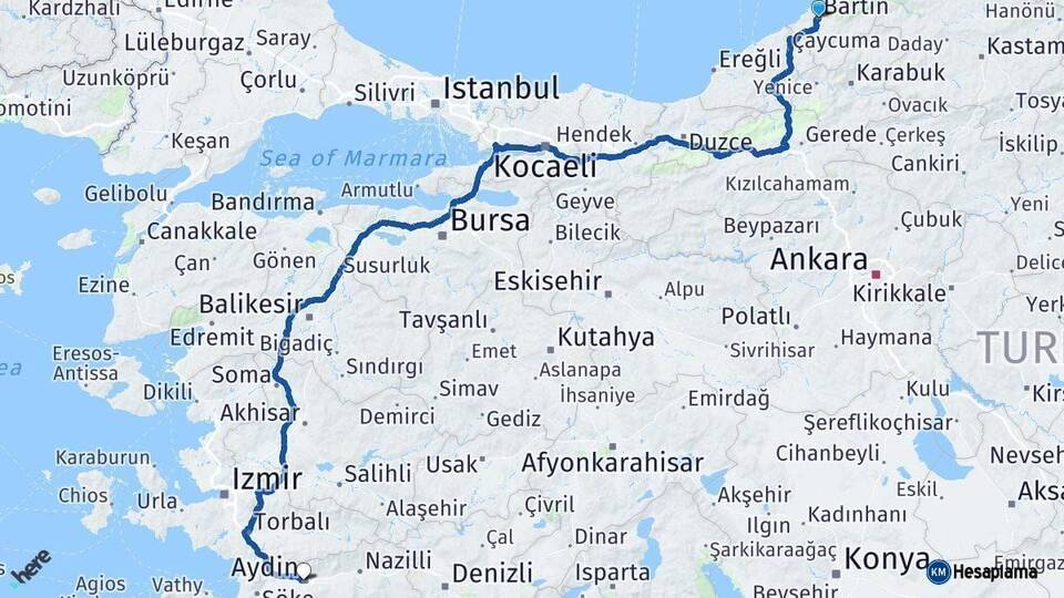 Bartın Aydın Arası Kaç Km - Yol Haritası