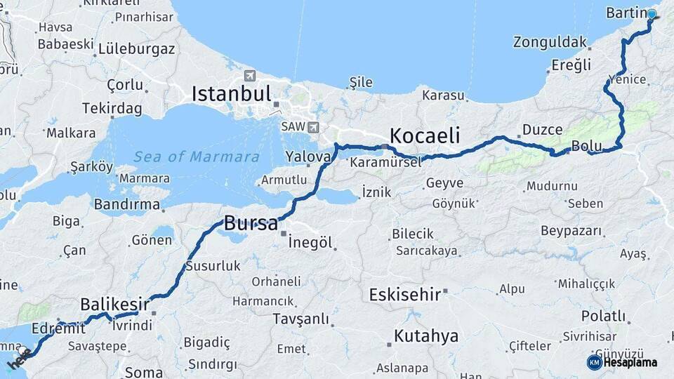 Bartın Ayvalık Balıkesir Arası Kaç Km - Yol Haritası