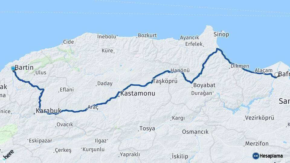 Bartın Bafra Samsun Arası Kaç Km - Yol Haritası