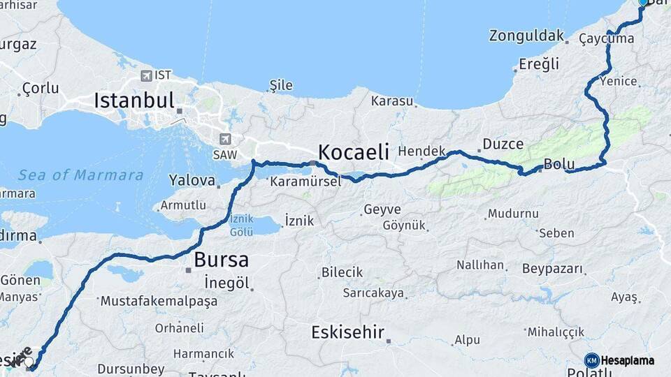 Bartın Balıkesir Arası Kaç Km - Yol Haritası
