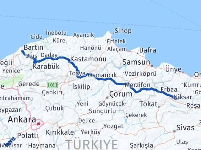 Bartın Başçiftlik Tokat Arası Kaç Km - Yol Haritası