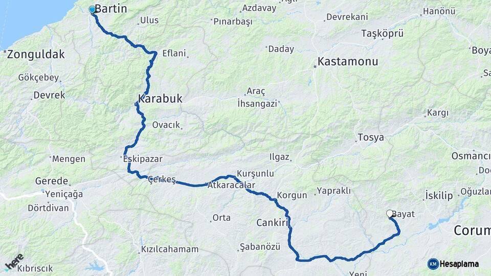 Bartın Bayat Çorum Arası Kaç Km - Yol Haritası