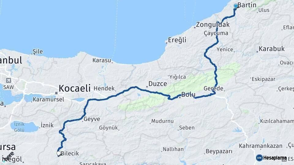 Bartın Bilecik Arası Kaç Km - Yol Haritası
