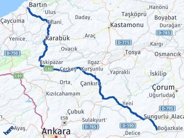 Bartın Boğazkale Çorum Arası Kaç Km - Yol Haritası