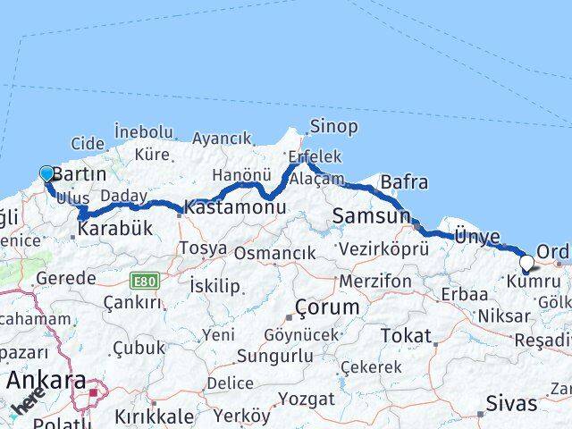 Bartın Çamaş Ordu Arası Kaç Km - Yol Haritası