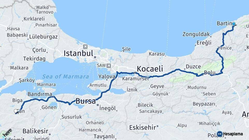 Bartın Çan Çanakkale Arası Kaç Km - Yol Haritası