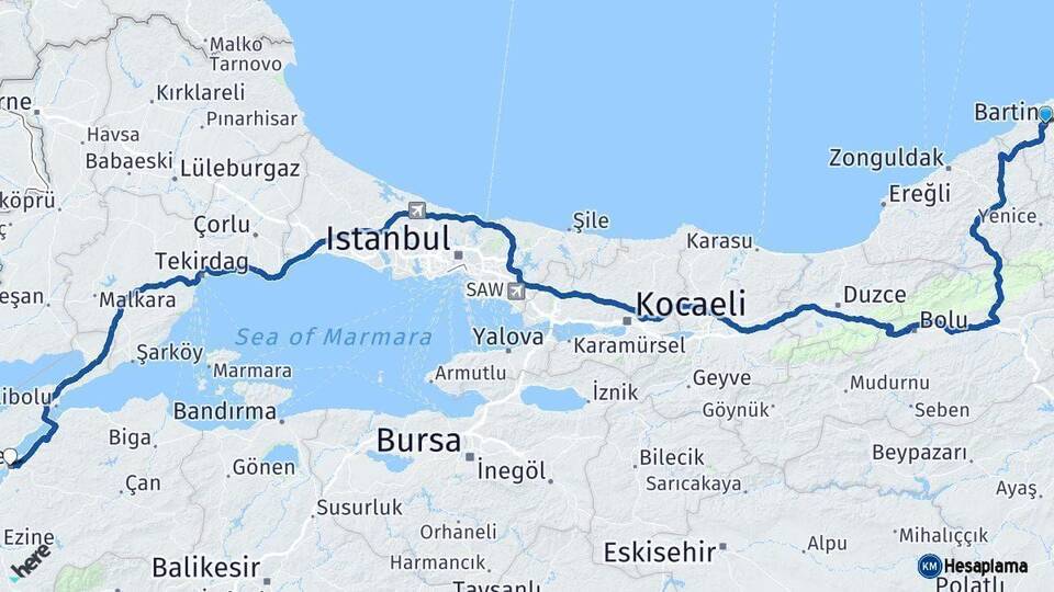 Bartın Çanakkale Arası Kaç Km - Yol Haritası
