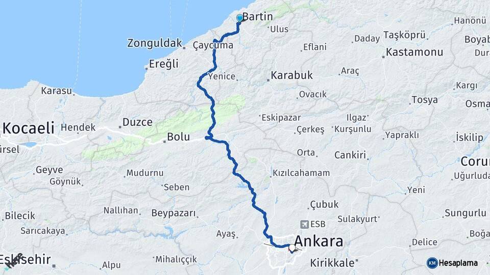 Bartın Çankaya Ankara Arası Kaç Km - Yol Haritası